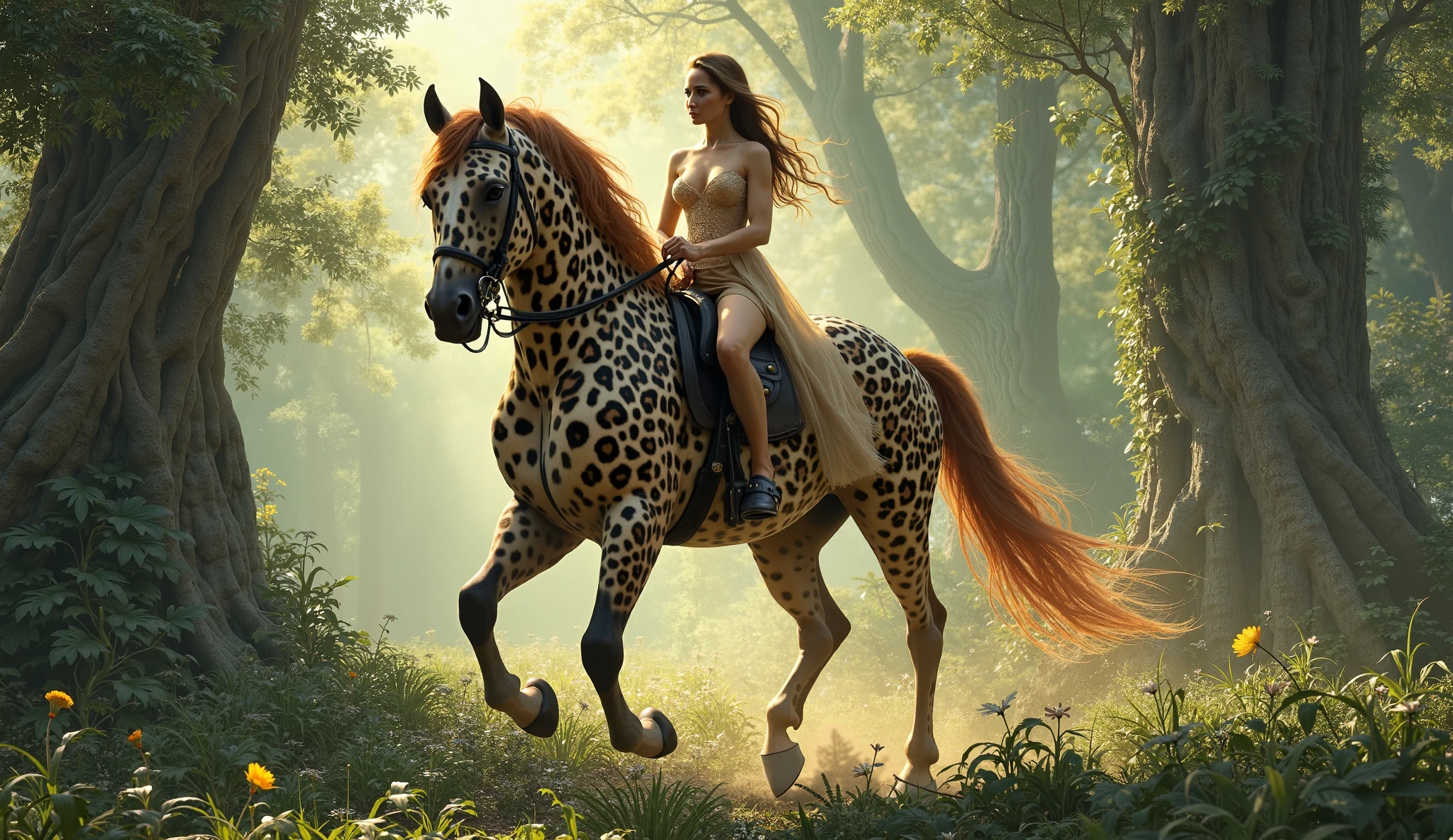photorealism:1.2) Naked woman sitting on a horse, surrounded by flying crows and tigers