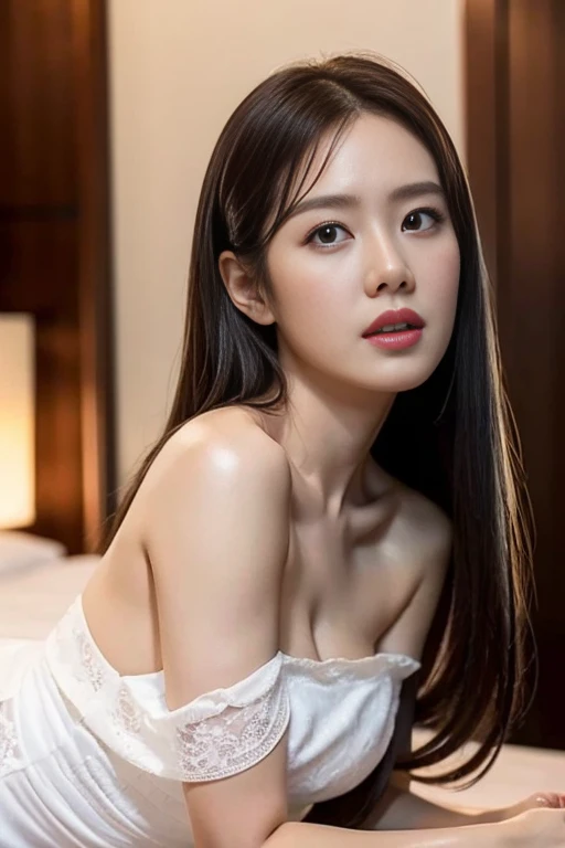 towards the camera,put a face to the viewer,stand on all fours,High image quality,works of masters,daughter,black hair,long hair shawl,long hair flowing over shoulders,cropped shoulder,clavicle,exquisite face,moist red lips,white dress,clavicle,towards the camera,Single photo,hosiery,sad expression,bust,real person,(ocean,sandy beach),CG rendering,16,000,lying in bed,Put your hands behind your head.,look into the camera,The night scenery was beautiful, farewell,hyper hd,The details were perfect,the picture is real,Extreme picture quality,Highest accuracy,8K 해상도,shade of darkness,8K, yes ,Ultra HD,8K