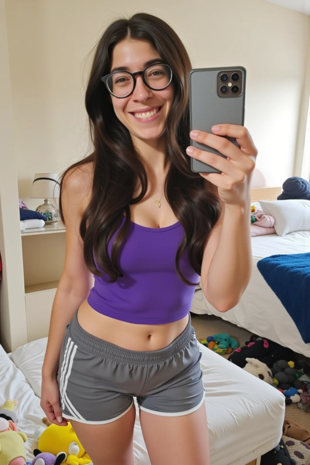 Dslr photo, nerd geek filipina young woman's chest hips thighs, flat stomach, hand at side, hands on hips, pajama shorts, bare midriff, bedroom background