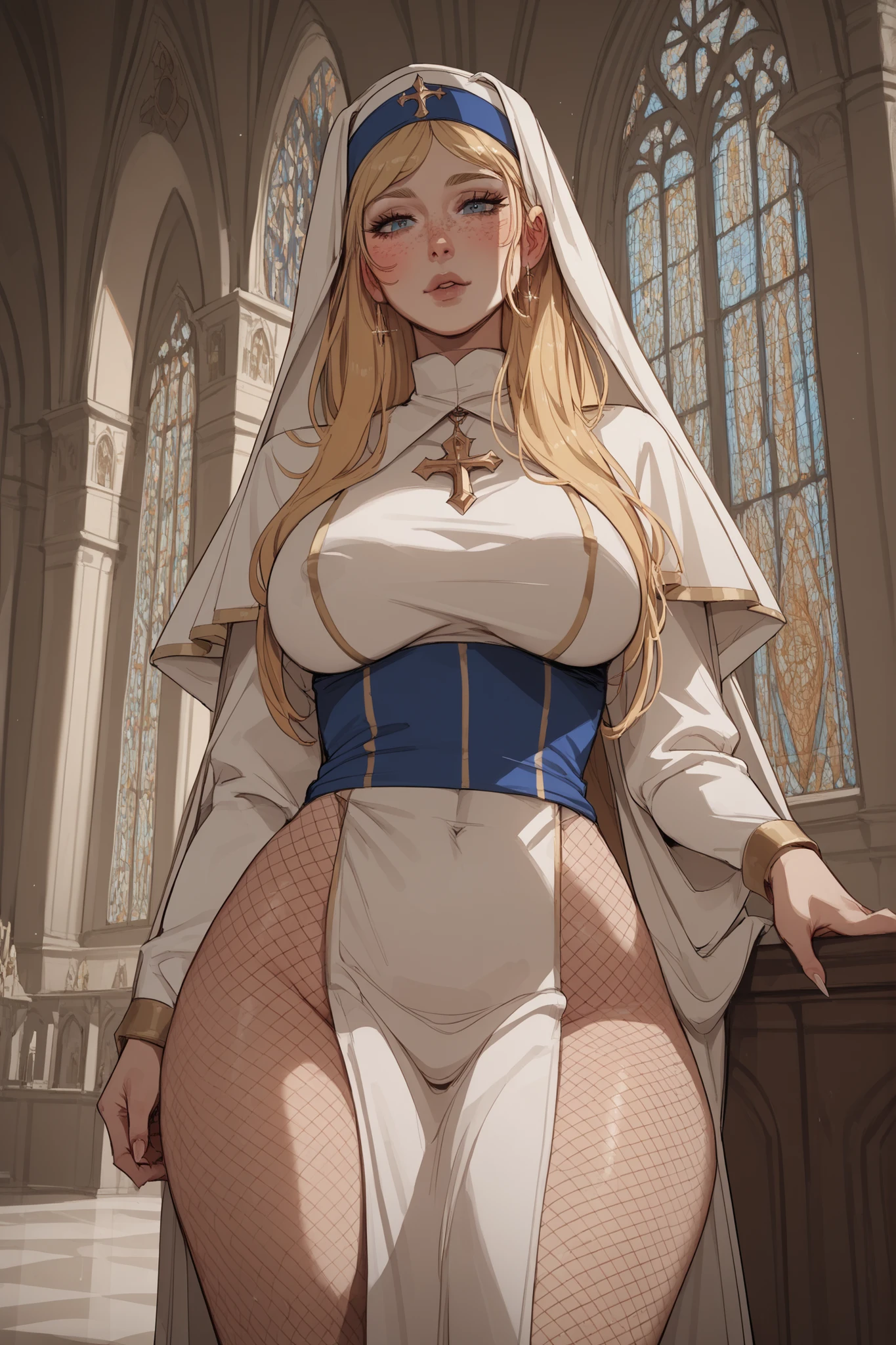a beautiful priestess, blonde hair, voluptuous, freckles, blush lines, fishnet pantyhose, pelvic curtain, cathedral
