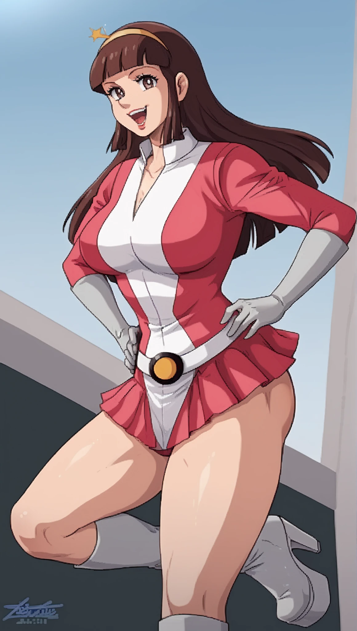 1 girl, Hikaru Hiyama, best quality, highres, solo focus, superhero, leotard, highleg leotard, bare legs, boots, mature lady, spinning her body in rapid speed like a tornado, wind swirls, rapid gyration, tornado spinning girl, tornado spin, turning to a whirlwind, ultra highres, absurdres, beautiful face, detailed eyes, symmetric eyes, tornado winds, straight legs 