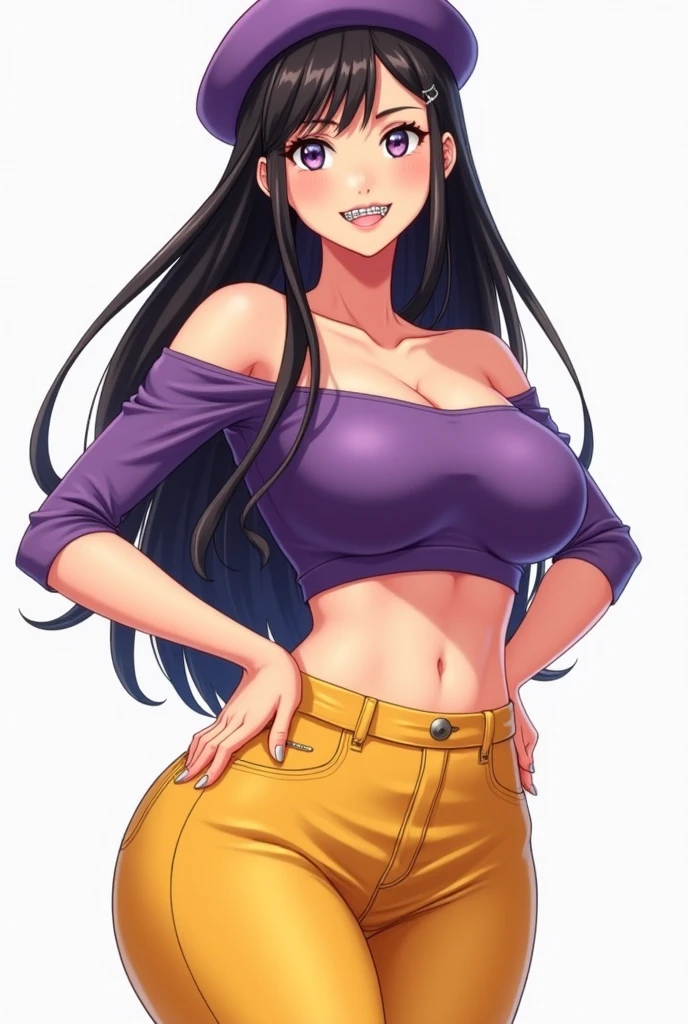 A tall sexy sensual girl Beautiful big breast long black hair her brown eye wears a corset purple thread shows navel and a purple denim skirt long purple heel