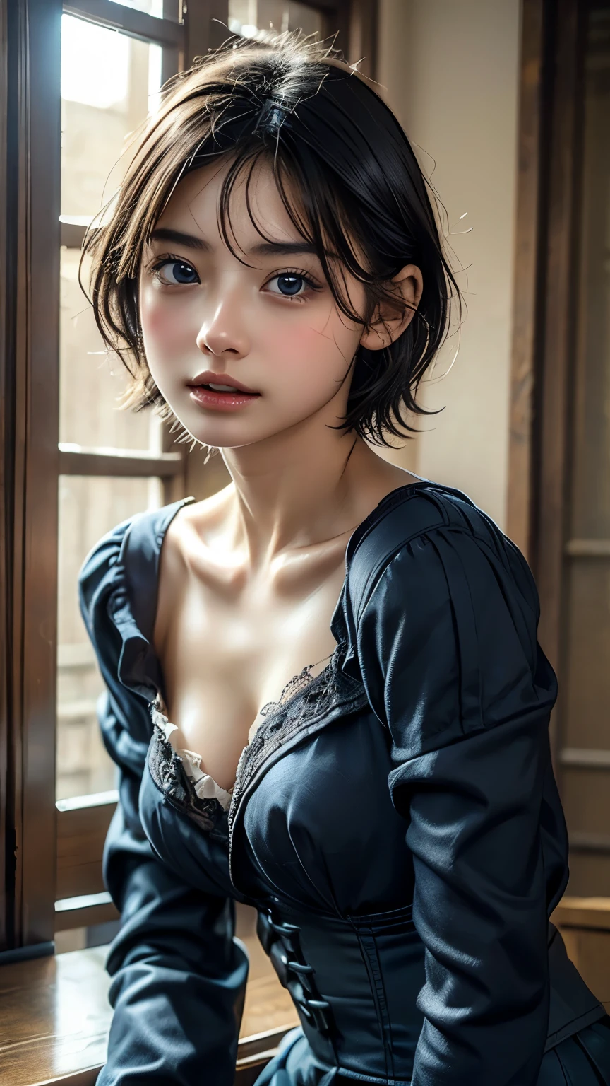 (Masterpiece: 1.3), (8K, Photorealistic, RAW photo, Better quality: 1.4), (1 girl), Beautiful face, (Realistic face), (Black hair, Short hair: 1.3), Gorgeous hairstyle, hair parted in the middle, realistic eyes, beautiful detailed eyes, (realistic skin), beautiful skin, (pulling), absurd, good looking, ultra high resolution, surreal, highly detailed, proportions Aurea, Cinema Light, big adorable eyes, best quality