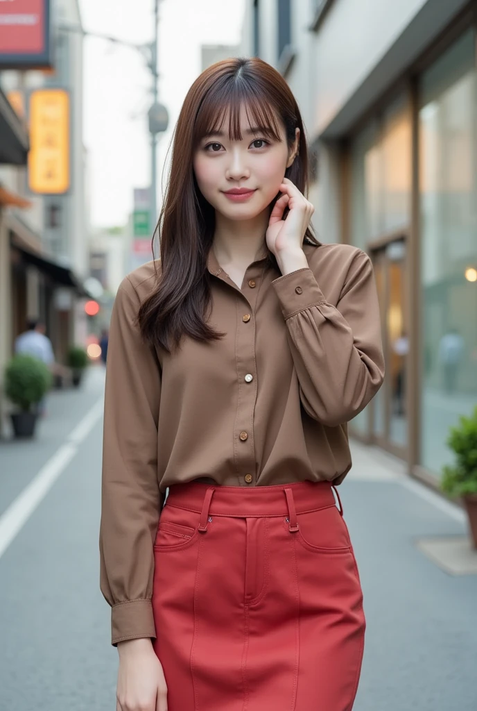 A cute Japanese woman with red glasses, wearing an orange suit and a newsboy cap, is walking on a street corner in Tokyo. She has very short brown curly hair, sunburned skin, and is carrying a shoulder bag. She is smiling and looks stylish. The background is a realistic and very detailed Tokyo street corner, with cinematic light, lens flare, and ray tracing effects. The image is like a live-action photograph, with ultra-high density skin texture and accurate anatomical details. The scene is captured in 8k resolution, with the best image quality, realistic background, and attention to details. The woman is viewed from the front and is standing with a smile.
