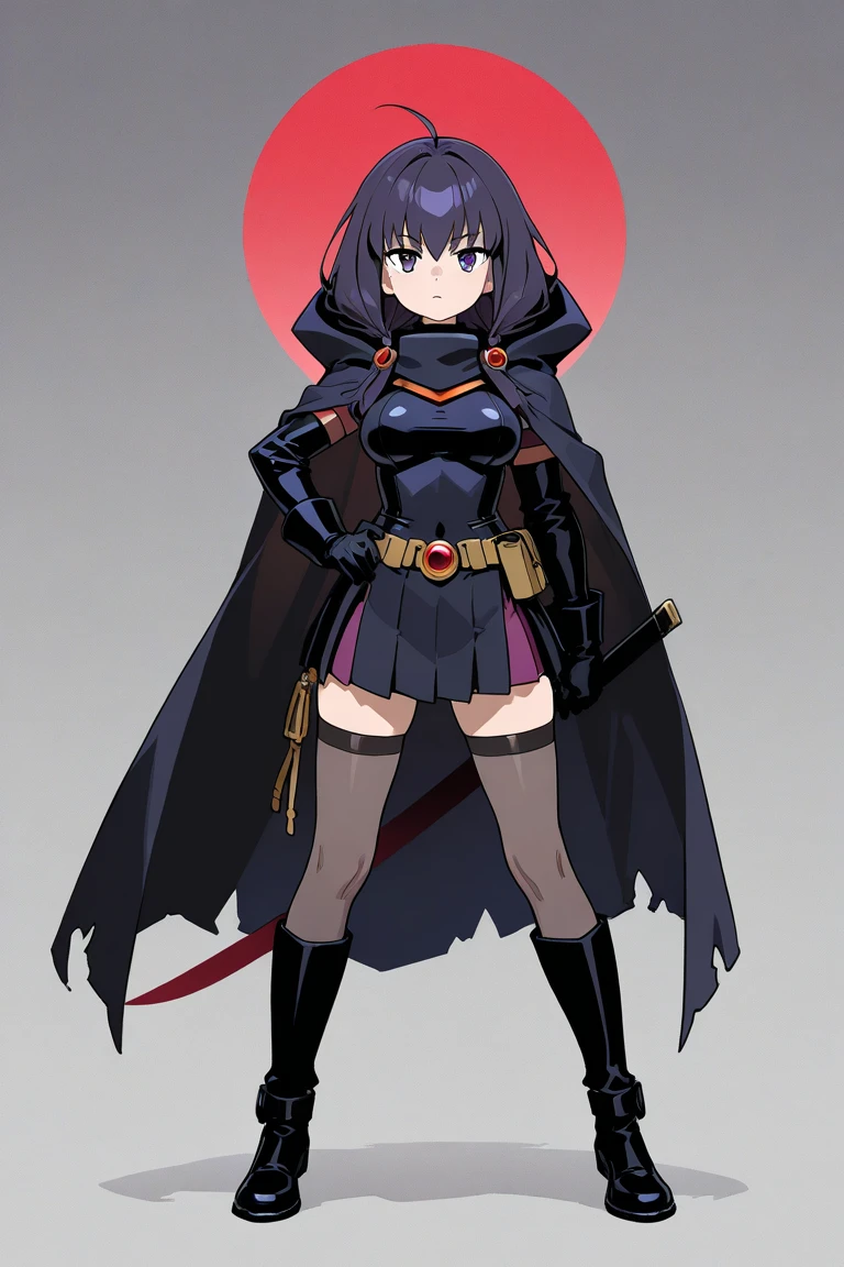 a light-skinned woman with glasses, black hair painted with purple tips dressed as deadpool with a sword fighting in a winter forest