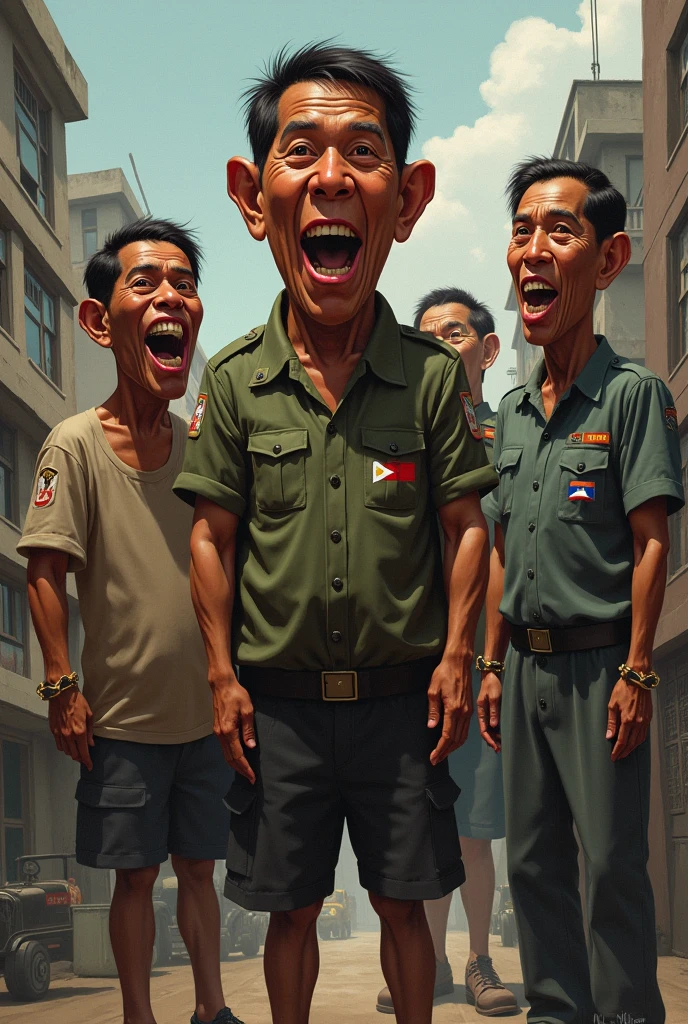 (Caricature), Create a detailed caricature that captures the suffering and resilience of the Filipino people during the Japanese occupation in World War II. Depict a scene with a somber, yet defiant tone. Show a group of Filipino civilians, visibly emaciated and traumatized, standing together with a backdrop of destruction—perhaps the ruins of Manila or the harsh conditions of the Bataan Death March. Include symbols of Japanese brutality, such as a menacing soldier or imagery representing forced labor and violence. However, also incorporate elements of resistance and nationalism—Filipino fighters or civilians holding the Philippine flag, a figure leading a resistance movement, or a symbol of hope and unity. The style should exaggerate the emotional expressions, highlighting the despair, anger, and determination of the Filipino people.
Include words in the caricature
"Manila’s Resilience", "For our freedom, we fight!", "Suffering under the weight of war." And "Brutality and Fear."