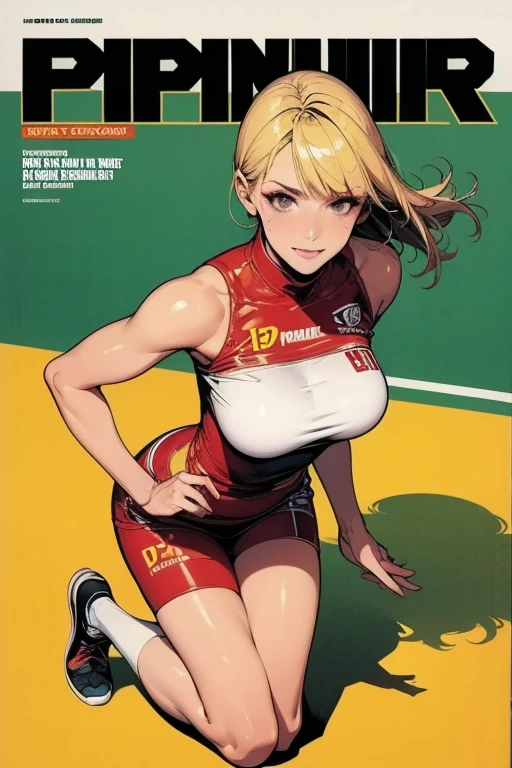 sports magazine cover, young european woman, (Chloe Toy), (slim:1.6), 25yo, ((yellow bikini)), (medium breasts:1.4), perfect body, smile, blonde, full body, thigh gap:1.4