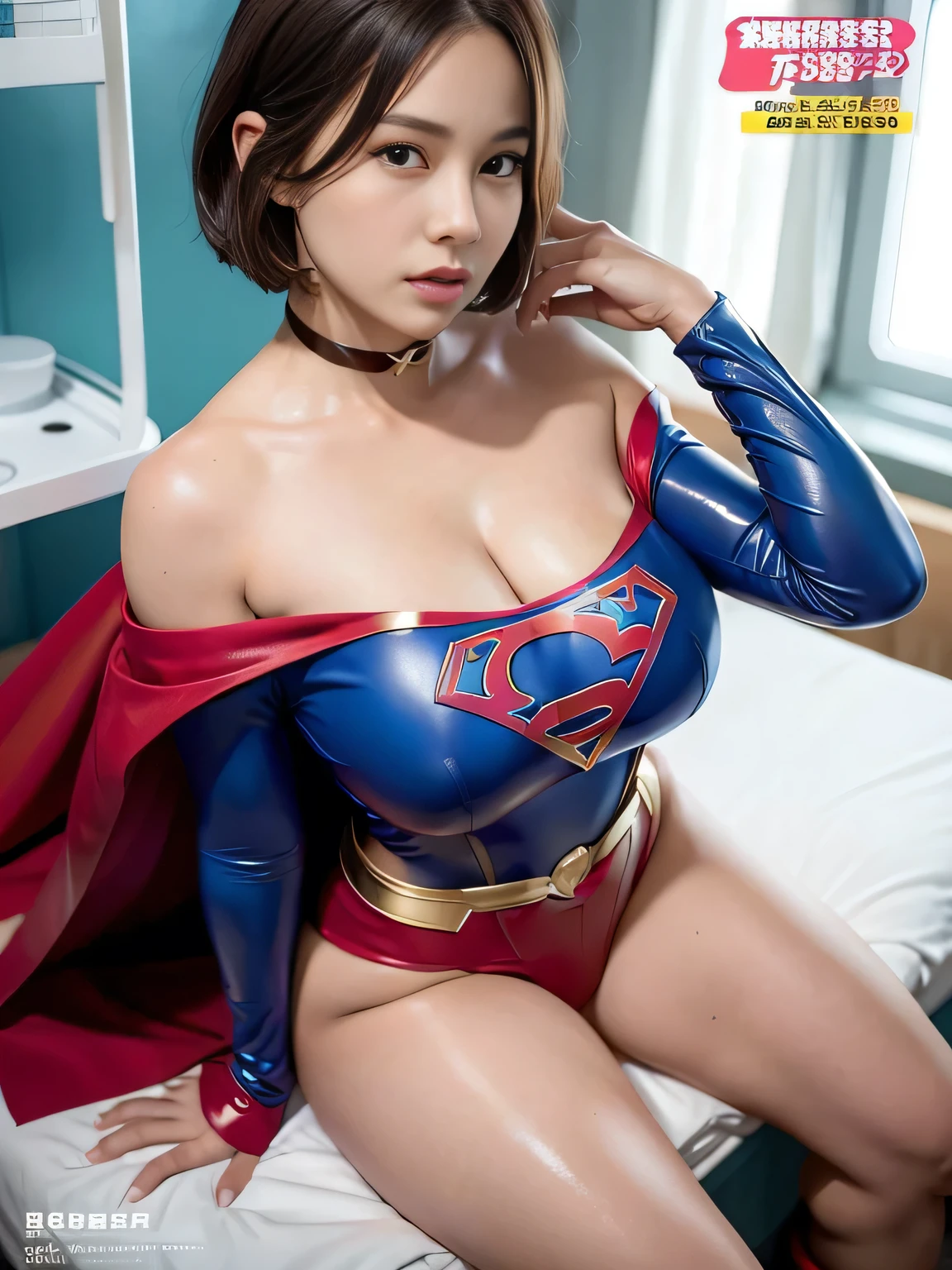 masterpiece、supergirl costume、short hair、barefoot, big and full breasts、operating room、operating table、straddle、damaged、shiny、look at the camera、choker、long sleeve、red mini skirt、Feeling of humiliation、