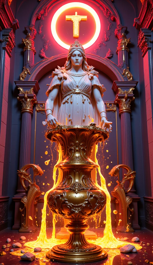 female marble statue in fire, flame
