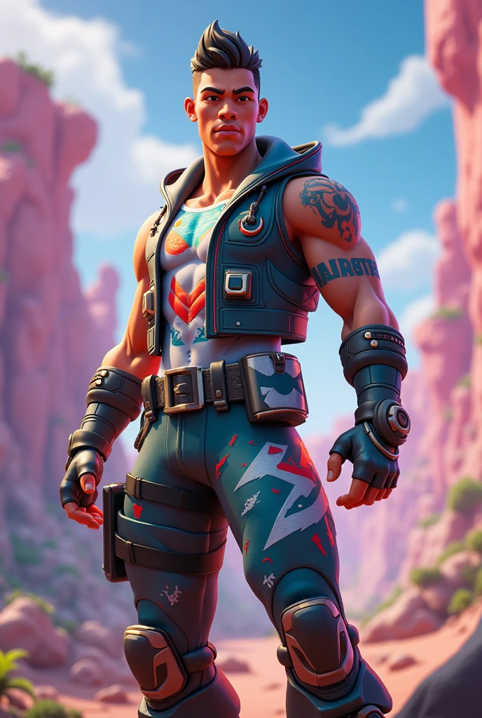 Dwayne Johnson, bald, brown eyes, pupils, shirt, tank top, black, muscular, tattoos, (render cycles:1.3), caustic, blue background, (bright:0.56), (artstation:0.81), unreal engine, fortnite