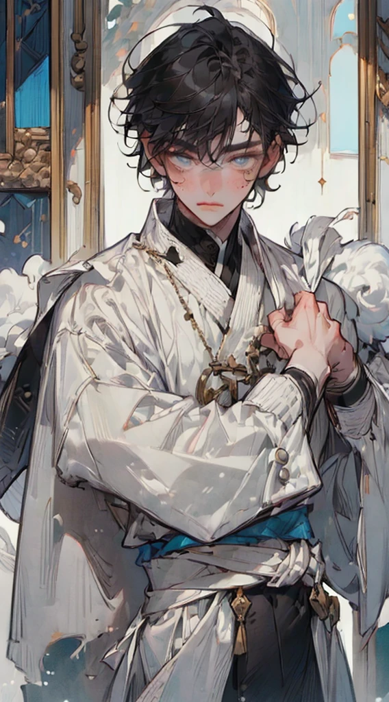 ((best quality)), ((artwork)), (detailded), (8k resolution), adult man, experienced swordsman, Large katana rich in details, red marks on the face, Red neon aura, flames in the background, white kimono, Hair a little dark, , color scheme, pensive stillness, background with flames, Intricate details, photographic realism, fully body.