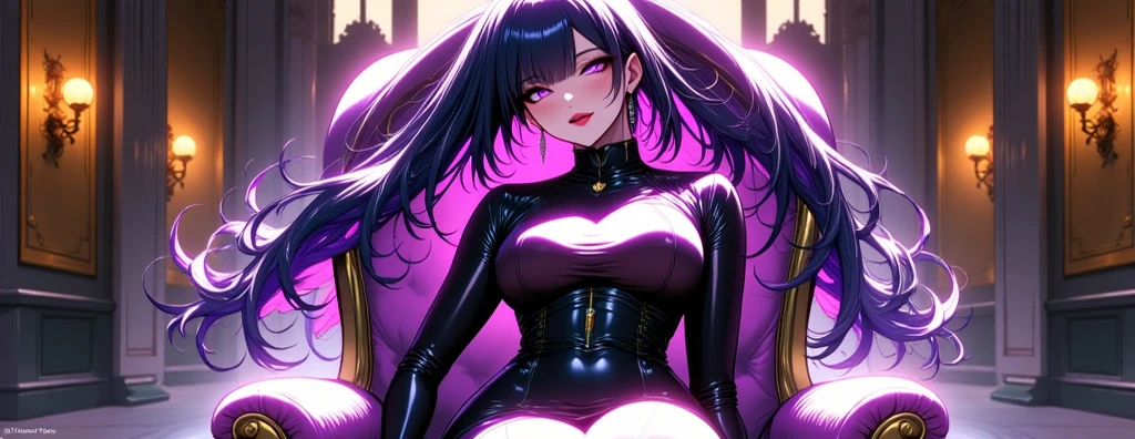 masterpiece, best quality, 1girl,black hair,long hair,glowing eyes, (finely detailed empty pupils and detailed face),,,,extremely detailed picture unity 8k wallpaper,solo,(latex military costume:0.9),large breasts,seductive smile,military hat,latex thighhigh,large breasts,black hair,pink eyes,black leotard,pantyhose,military coat,enamel suits,grossy lips,sitting,crossed legs