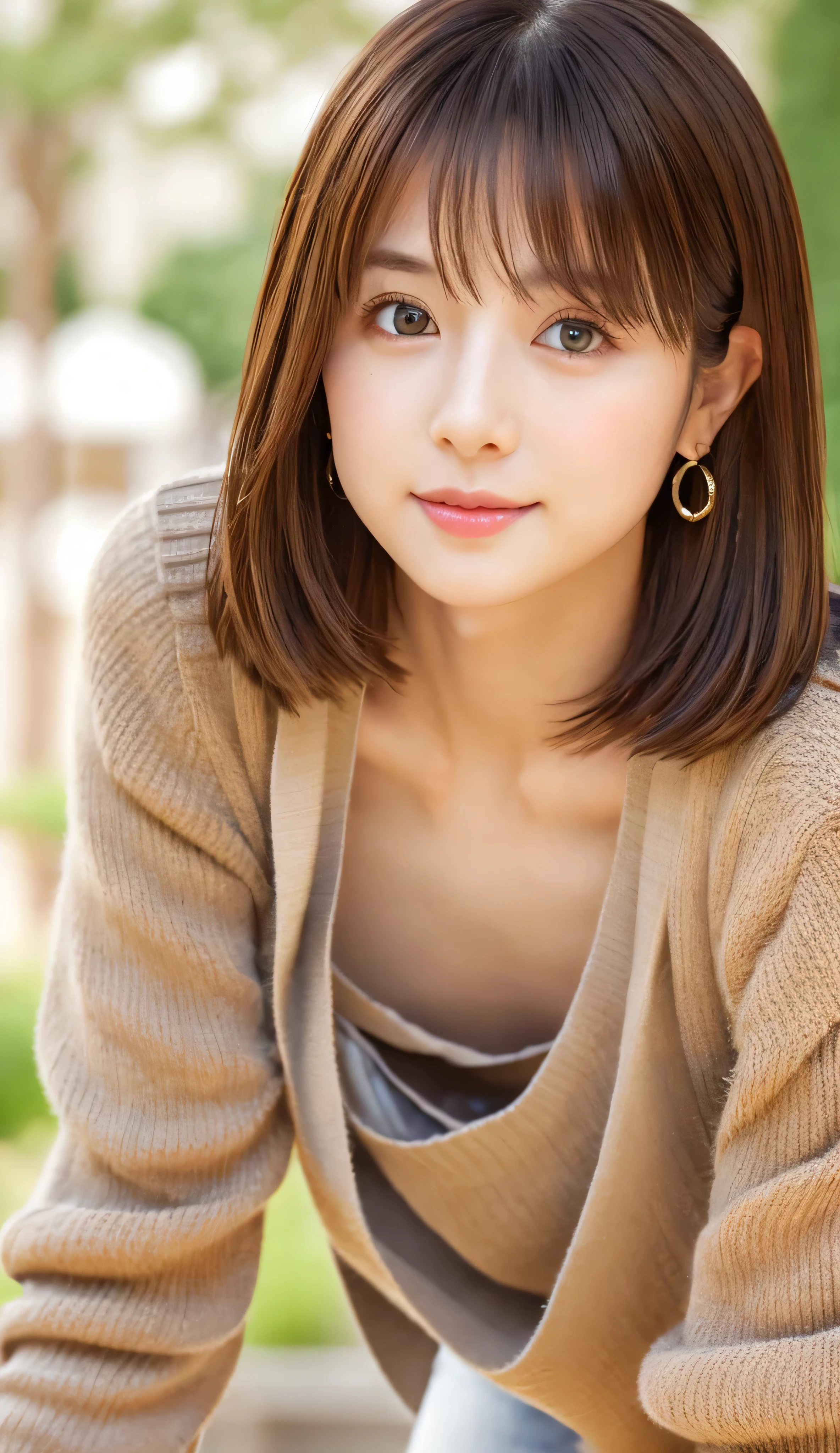 8k, Best Quality, masterpiece, realistic, photorealistic, ultra detail, natural light, 非常にDetailed Facesと肌, detailed eyes, 非常にDetailed Facesと肌の中間ショット, beautiful woman staring at camera , Sexy Poses, beautiful face, realistic Face, Detailed Faces, Beautiful hairstyle, realistic eyes, fine grain, realistic Skin, detailed skin, Beautiful Skin, charm, Super Real, sexy cardigan , kind, brown hair, cute Japanese girl, full body