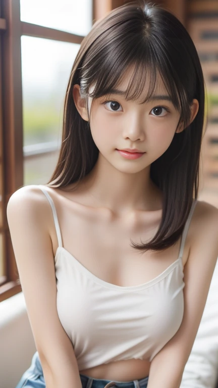 ((top-quality)) ((masuter piece))、intricate-detail、foco nítido、proffesional、Photorealsitic、Real life、surrealistic、photorealisim、Silhouette Light、finely detail、Highly detailed CG Unity 8K wallpapers、erfect artwork、shinny hair、radiant eyes、shinny skin、realisitic、Looking at the camera、Very delicate and cute、best qualtiy、Cute detailed girl、cute large eyes、Facial Lights、Cinematic lighting、Transparent material、realistic representation of face、(intricate detailes)、no-makeup、(Detailed beautiful delicate face、Detailed and beautiful delicate eyes and face)Detailed skin、Best ratio of four fingers and one thumb、Thin fashion、独奏、(Very young)、Facial Highlights、luxury room、Professional Writing、((Knee shot:1.4))、Beautiful navel、女の子1人、Very young face、Innocent face、(Looks under 10 years old)、Standing facing the front、Rat trail section、Inseam delta、Bare shoulders and elbows and arms、Chest flat、((flat-chest: 1.4))、女の子1人、Back lighting、Many flowers、((non-blur))、((Ultra-small)) 、((Super skinny girl))、((Ultra-small ass:1.4))、((very thin thighs))、(Super young Japan transcendent beautiful girl)、small nostrils、Healthy face、Soft lips、pale cherry colored lips、(rather thin eyebrows: 1.4)、shiny large black eyes、(Medium black hair,:1.1)、(Beautiful girl with cute loli face:1.6)、big eye、(The corners of the mouth rise:1.4)、((Raise your hands to expose your beautiful armpits))、(1 thin and tight white camisole)、Very short spats of bright colors、((1 thin and fairly tight spats:1.4))、Plump round face、(smile shy:1.8)、cheeks are reddened、Eyes for hollow details、Floating hair、large eyes that are symmetrical、Small protrusions、hair clips、No face makeup、夏天、The room is hot, So wear the bare minimum