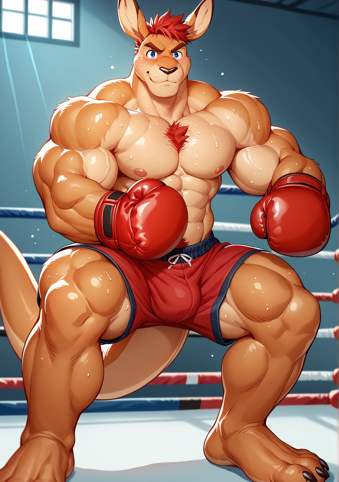 Duo male(Brown Wolf vs Brown Wolf, handsomes, Thick eyebrows), gay(Lying down, Boxing clinch, cuddling embraced, kissing each other, on a boxing match), hot(Shirtless), handsomes(They are handsomes, correct anatomy), musculosos(Big muscle bodies, Six packs, muscle abs, big pecs, muscle backs, muscle legs), sweaty(very sweaty wet bodies, shiny sweat), tatuajes(they have tattoos), Angry(Both have an grumpy expression, growling, steaming breath), boxing gloves(They both are wearing red boxing gloves), Boxing shorts(They both are wearing boxing shorts), Hight resolution, by(Zourik:1.1)