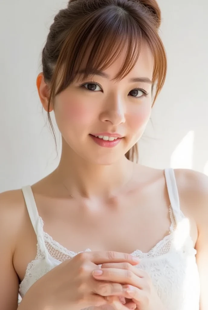 Photo Real、Realistic　、{Straight hair、ponytail}、Blunt bangs　,Droopy eyes、、Plump Cheeks、Round face contour　:smile、{{White Bra and pink panty}},　Enjoy the facial expressions、Laughter expression、Low length、vagina、Female organ、、　Boldly open your legs、Normal bit、
