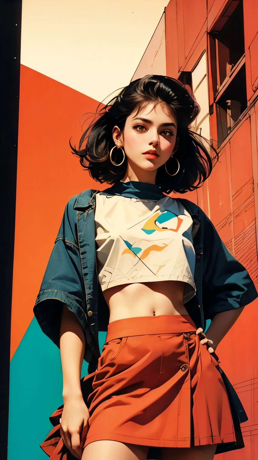 16 year old teenage woman. Morocha. Short stature. Cabello negro con dos colitas. Cuerpo delgado. Buen cuerpo campera recortada. Abdomen desnudo. Hip pants. Pierna gruesas.