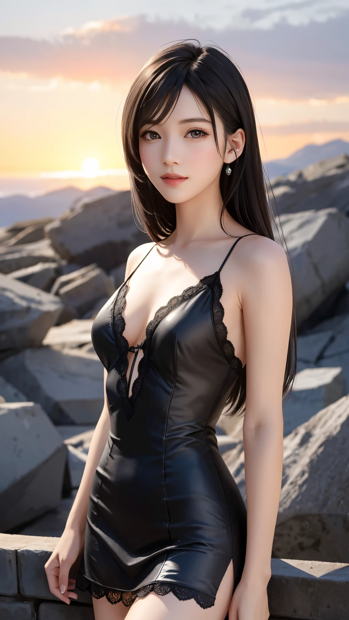highest quality、 masterpiece、be familiar with、Best Quality、White and beautiful skin、A beautiful girl with a sense of transparency、Around 24 years old、Baby Face、Young face、Round face outline、Beautiful black hair and bangs、long hair、Twin tails、A sweet expression、Smirking expression、smile、Laughing dimple、Looking up、Droopy eyes with tear bags、Thick eyebrows、Big eyes that shine、Low Nose、Small Mouth、low length、delicate、Influencer 、Idol、Cosplayers、Beautiful thighs、Small 、Twin tails、Western-style building、Hair2tied in knots、Angle focusing on face and chest、Small devil、Midnight、moon、
(Put your arms behind your back)、(Evil Castle Background:1.2), colorful, , Red eyes, Long Hair, Hair on one eye, Fine grain, Eyes Wide Open, View your viewers, whole body, Devil horns , Bat Wings, Raise your hand, Devil Tail, particle, cute,Spoken Heart, (Red Theme)