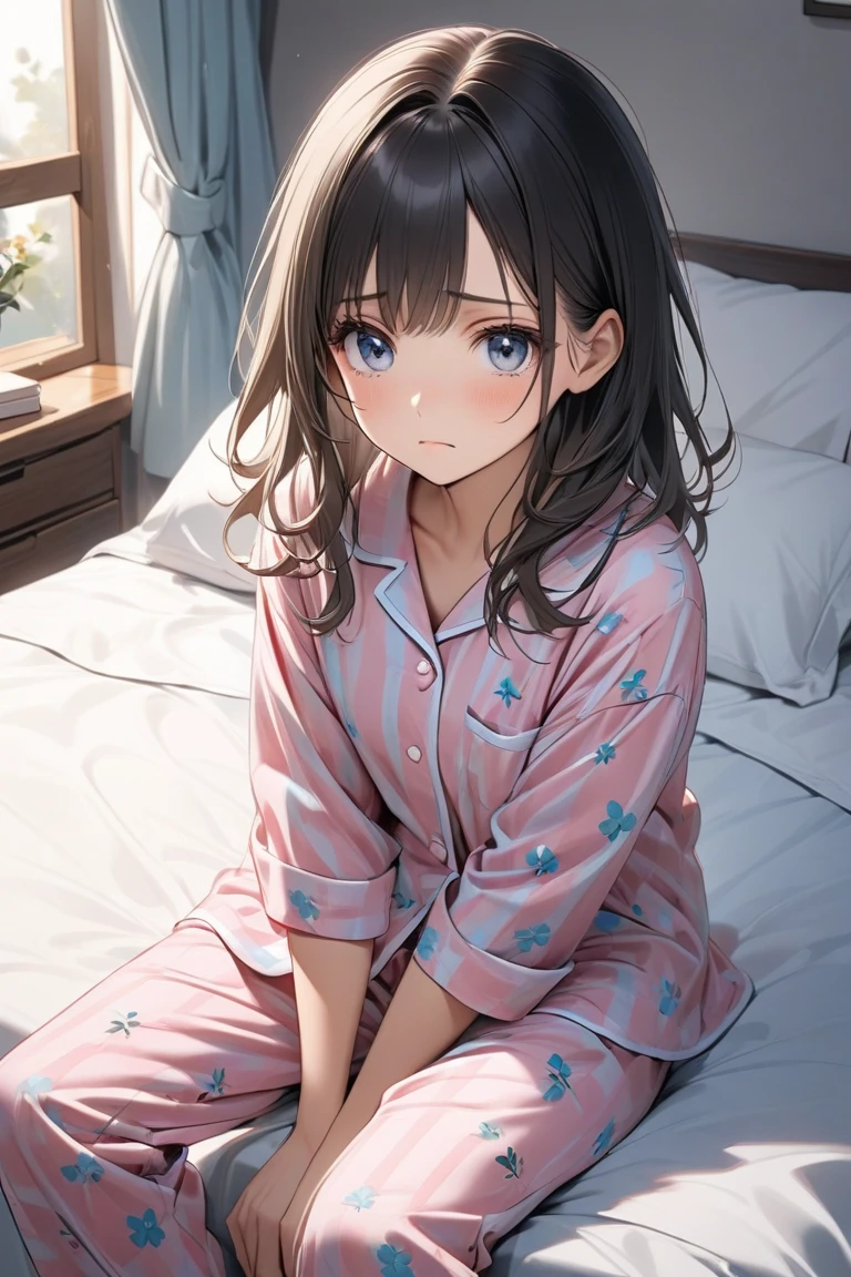 an adult girl, Blonde, blue eyes, loose hair, lying in her bed with a somewhat sick face, in pink full body pajamas, There is an adult boy next to her sitting on the bed to take care of her., black hair