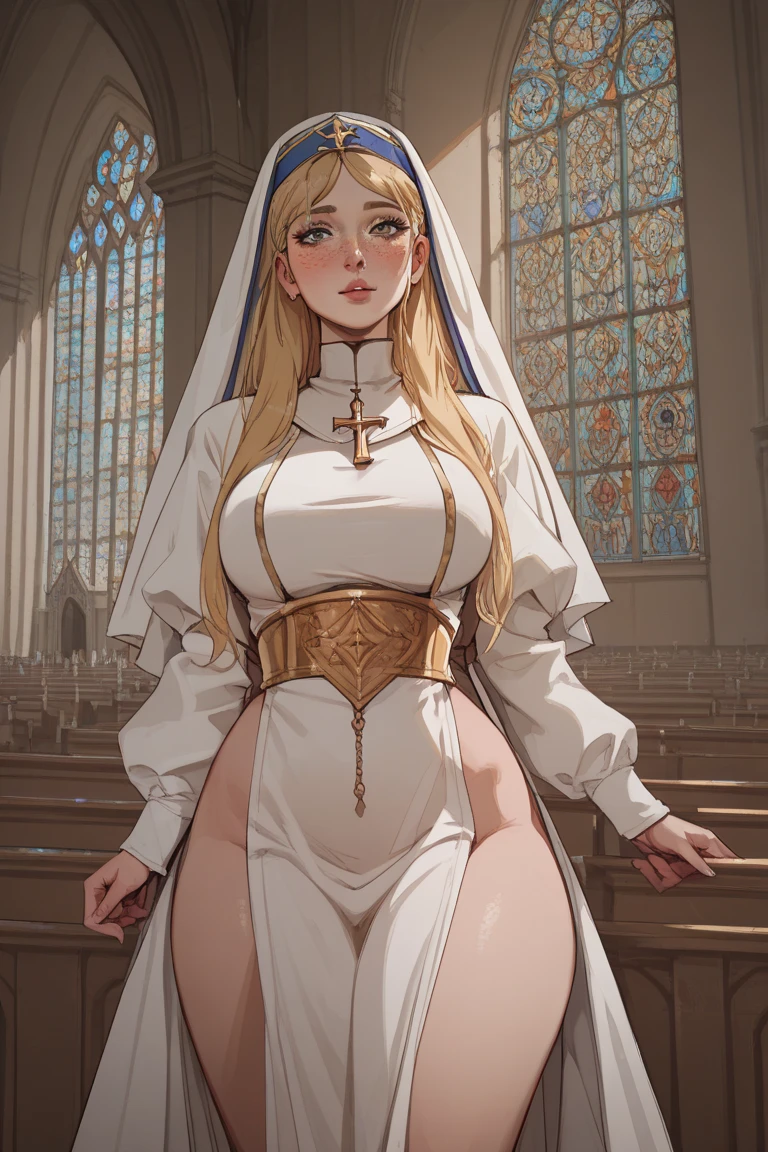 photorealistic, (hyperrealistic:1.2), beautiful, masterpiece, best quality, extremely detailed face, perfect lighting, ArtCalmConcept-2-400, elf, pointy ears, full body, large breasts, wide hips, nsfw, tattoo, glowing, pussy,nun, church, cross, detailed hands and fingers,