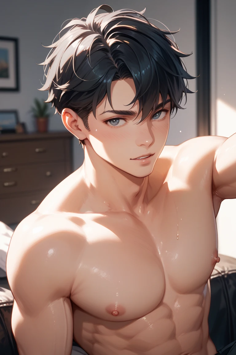 high quality, detailed, Realistic,(2boys:1.5), ( tanned japanese idol boys), (detailed black eyes), (black short hair), (abs), (tanned dark brown skin), night palace bedroom, (black tiny thong), (bulge), (detailed nipples), detailed areola,best quality,4k,8k,highres,masterpiece:1.2),ultra-detailed,(realistic,photorealistic,photo-realistic:1.37), looking at viewer,smirk,laying,face close up, --no watch,
