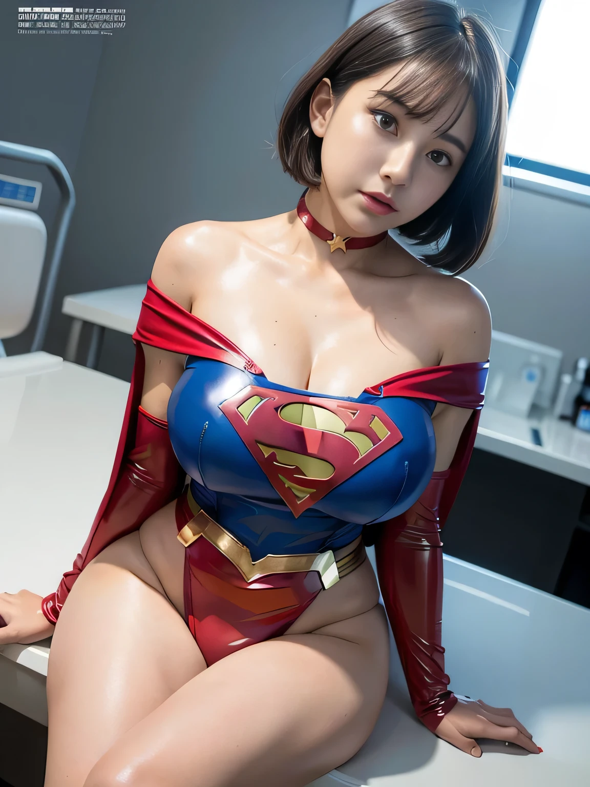 masterpiece、Enamel Supergirl Costume、Short Hair、Hospital operating table、Crisis situation、Big and ample breasts、looking at the camera、Shiny、Off the shoulder、choker、Long sleeve、exy poses to seduce、Sweaty skin、Model Body Type、Alluring、charm、Enchanting、Abused、test subject、victim、Wild、Photorealistic、latex、High leg、Inspection、
