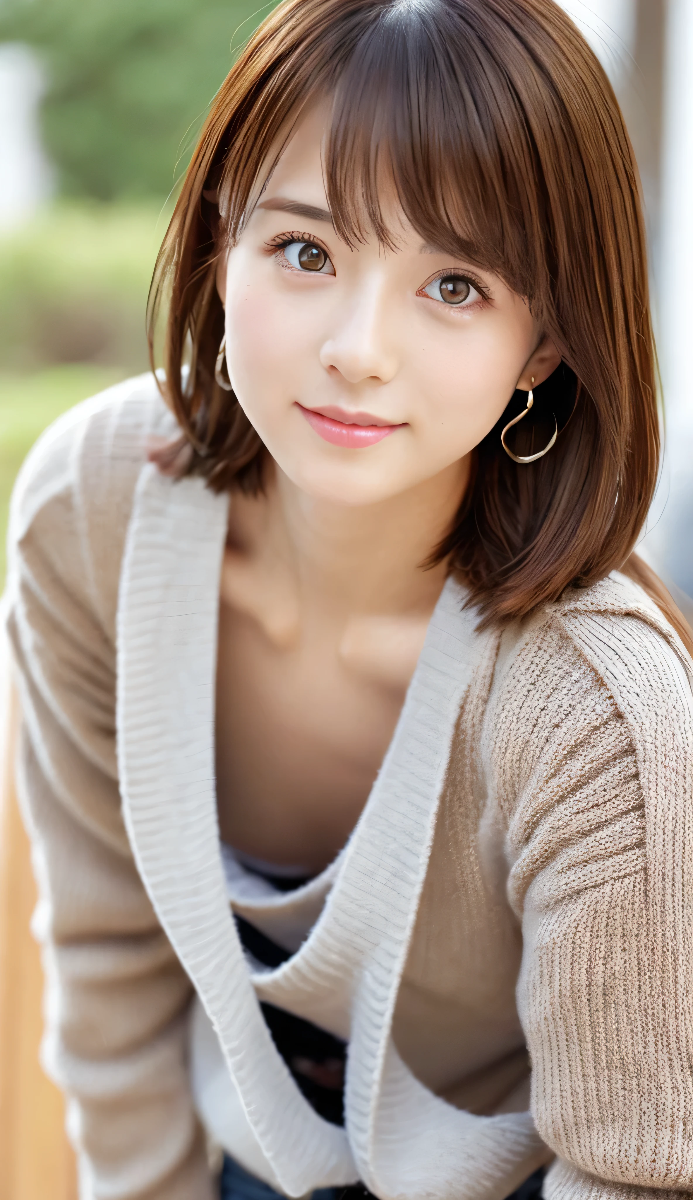 8k, Best Quality, masterpiece, realistic, photorealistic, ultra detail, natural light, 非常にDetailed Facesと肌, detailed eyes, 非常にDetailed Facesと肌の中間ショット, beautiful woman staring at camera , Sexy Poses, beautiful face, realistic Face, Detailed Faces, Beautiful hairstyle, realistic eyes, fine grain, realistic Skin, detailed skin, Beautiful Skin, charm, Super Real, sexy cardigan , kind, brown hair, cute Japanese girl, full body