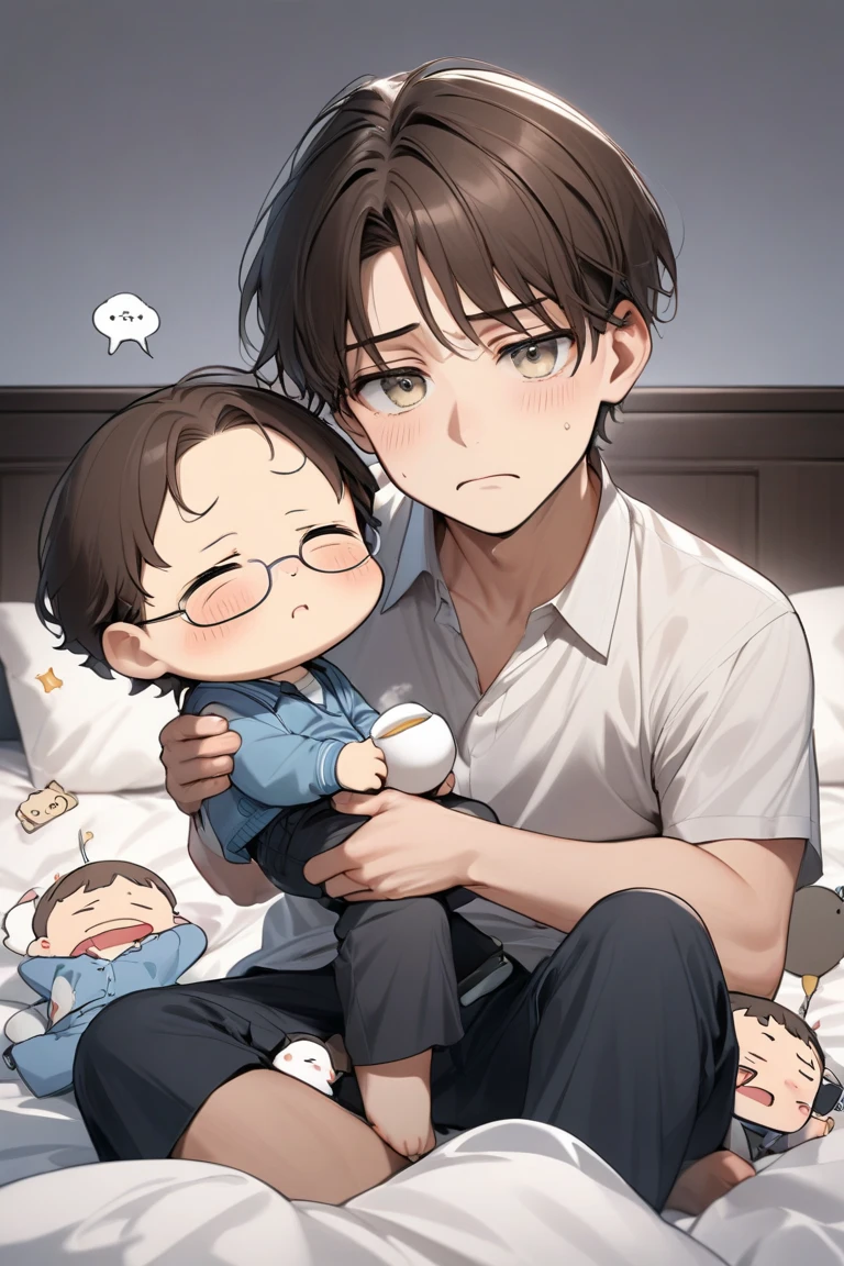 A man holds a small baby, in a hospital room, perfect body, perfect face, detailed face, black hair, wearing casual clothes, worried face, confused face