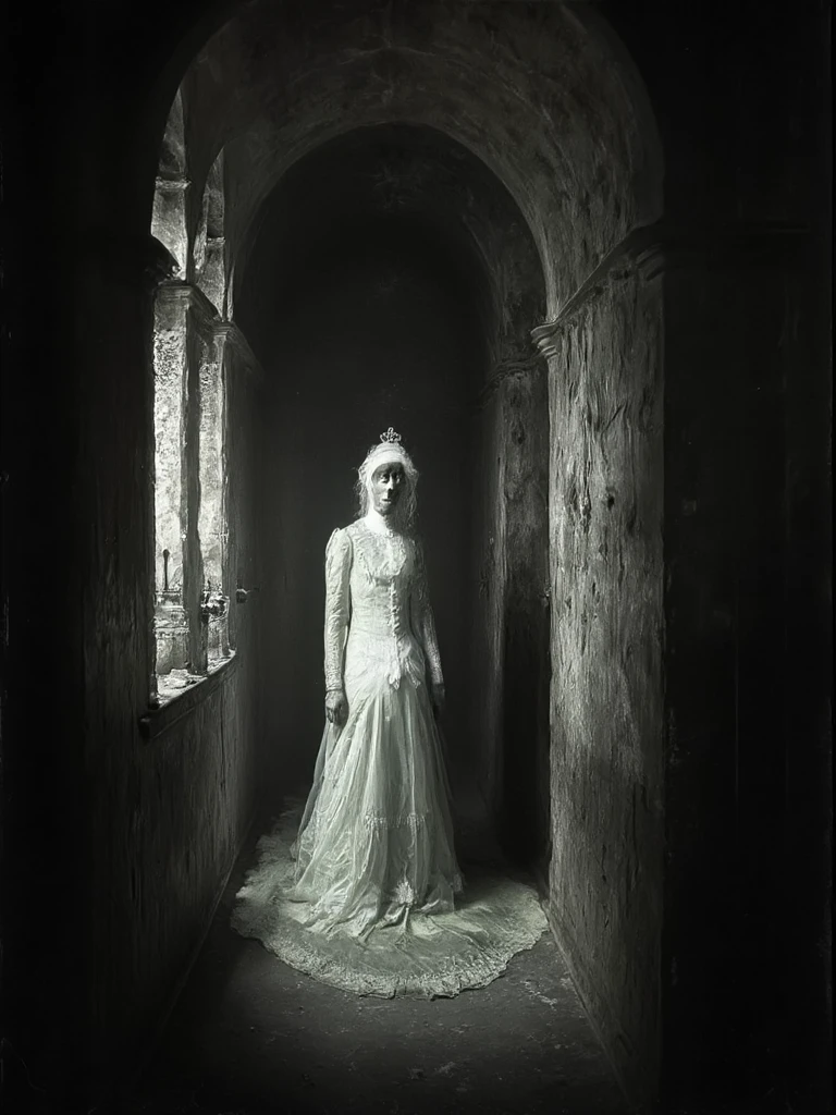 An old antique mirror covered in dust in a dark room, faintly reflecting the pale and sad face of the White Lady.