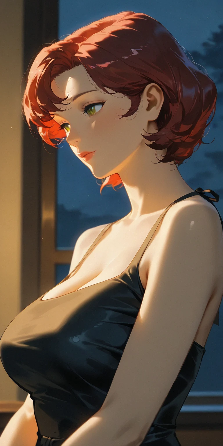 ((((masterpiece, best quality, high resolution)))), Highly detailed 8K, Beautiful girl with a slim body, (1 woman:1.5), short wavy hair, forehead, (black eye: 1.5), blunt forehead, orange hair, bob cut, (huge breasts: 1.2), split, light smile, chapped lips, open waist, glow, thighs, bare shoulders, clavicle, small waist, (symmetrical eyes), (perfectly symmetrical body), night, old sky, Beach, (((natural light))), backlight, on the gray wall, dim lighting, look at the viewer, (((Center Shot, in front, Face and waist))), Gorgeous bikini, dripping,