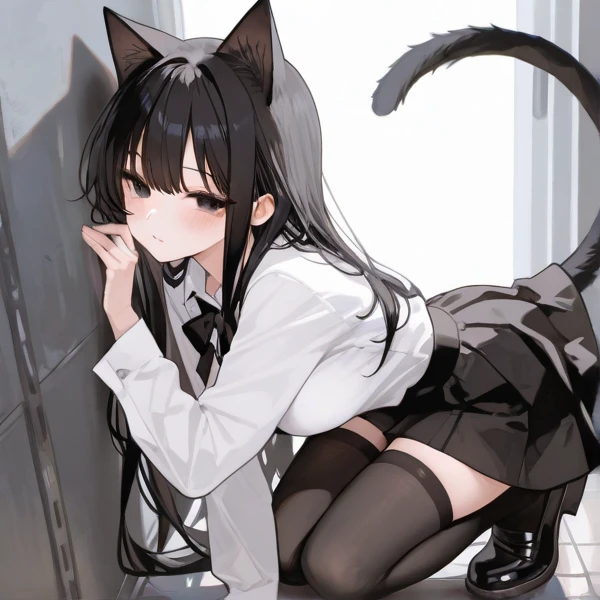 1girll,Solo,tmasterpiece,Best quality at best,Black hair,Black hair,Black hair,blue colored eyes, White cat ears, chiquita,Young women,Delicate background,huge hammer,cel shadow,adolable,clever,Overlooking,Cute cats