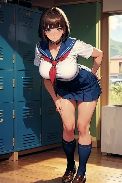 Cheerleaders in blue and yellow uniforms getting changed in the locker room。She is standing there, covering her bra with her hands.。Facing the camera with an angry and embarrassed look「Don't take pictures!」is shouting.。mini skirt