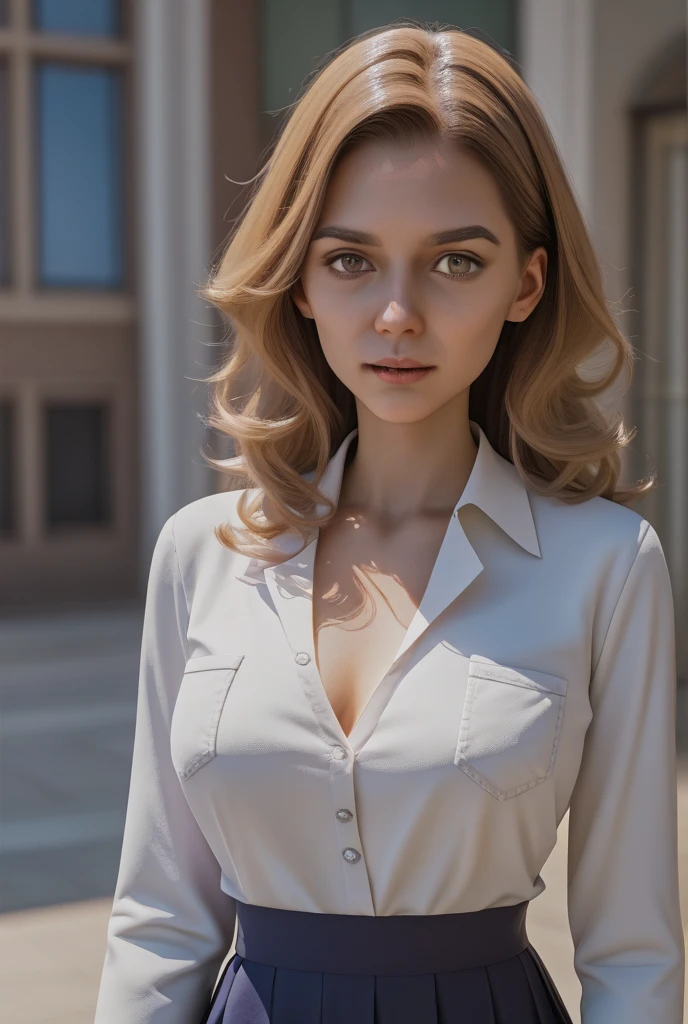 masterpiece, best quality, extremely detailed, hyperrealistic, photorealistic, a beautiful 20s french model, subway, light blue shirt:1.2, ultra detailed face, with bangs, blonde hair, pale skin, busty breasts, annoyed
