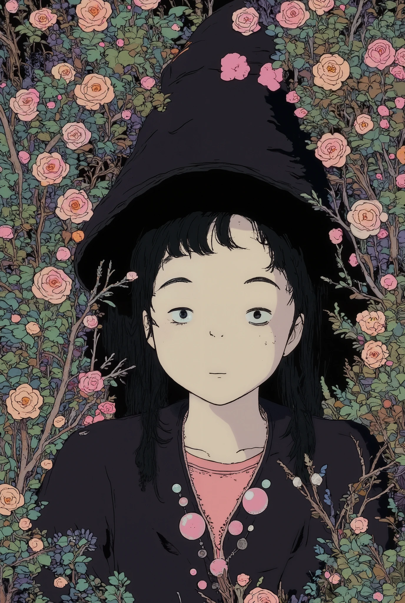 cute girls lying in the bushes and thorns and beautiful old rose pinks flowers, top view camera. wearing jet black wizards robe and old rose pinks turttle neck shirt inside. oil painting, masterpiece, shadows, expert, insanely detailed, 4k resolution,