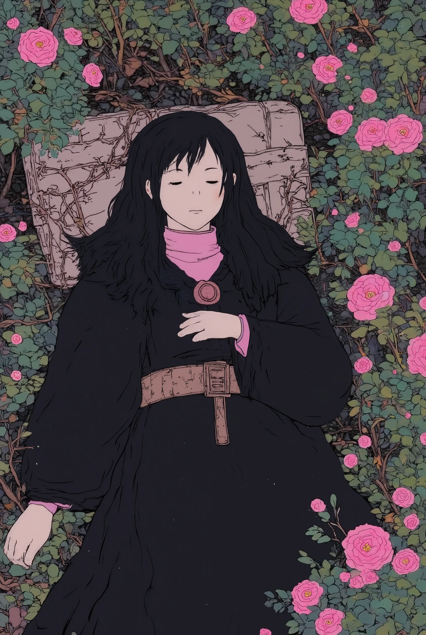 cute girls lying in the bushes and thorns and beautiful old rose pinks flowers, top view camera. wearing jet black wizards robe and old rose pinks turttle neck shirt inside. oil painting, masterpiece, shadows, expert, insanely detailed, 4k resolution,
