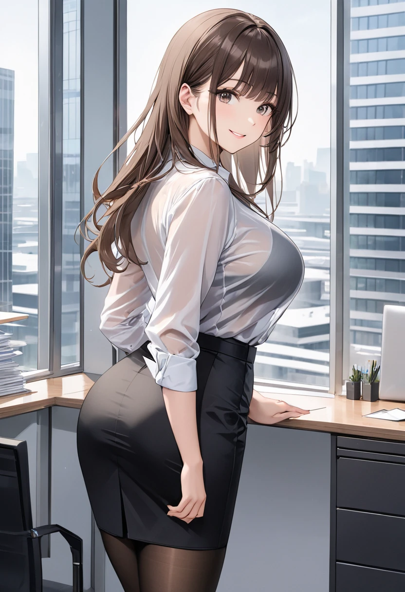 japanese, solo, large breasts, brown hair, embarrassed, (natural make:1.2), dynamic angle, high res, (photo realistic:1.2), (highly detailed:1.1), desk, Tight skirt , business suit, white shirt, office chair,(computer), detail brassiere, delicate background, bokeh, professional lighting, physically-based rendering), ((backshot)), slim, sexy, ((stick out butt)),