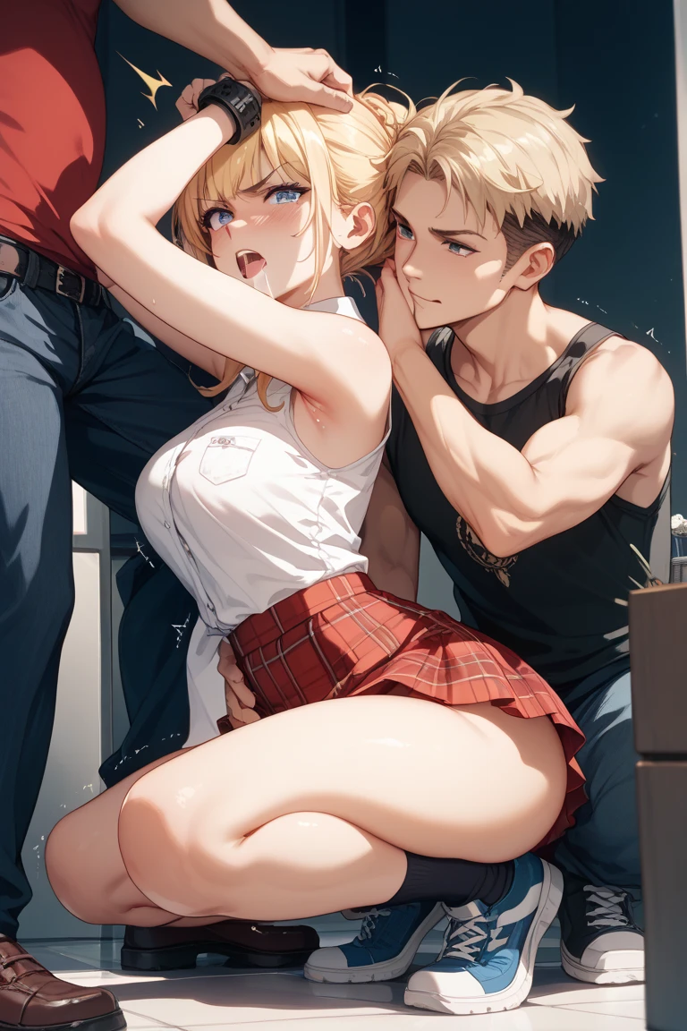 masterpiece, best quality,anime style, 1 girl,(((slender body))), (((small breast))),(((hot pants, blue tanktop,red tie))),(((((a gorilla man grabbing the girl))))), ((((restrained, arms behind back)))),((((cum)))), (beautiful face), (((short hair))), (((straight hair))), ((((blonde hair)))),detailed beautiful skin, (perfect hands, perfect anatomy)