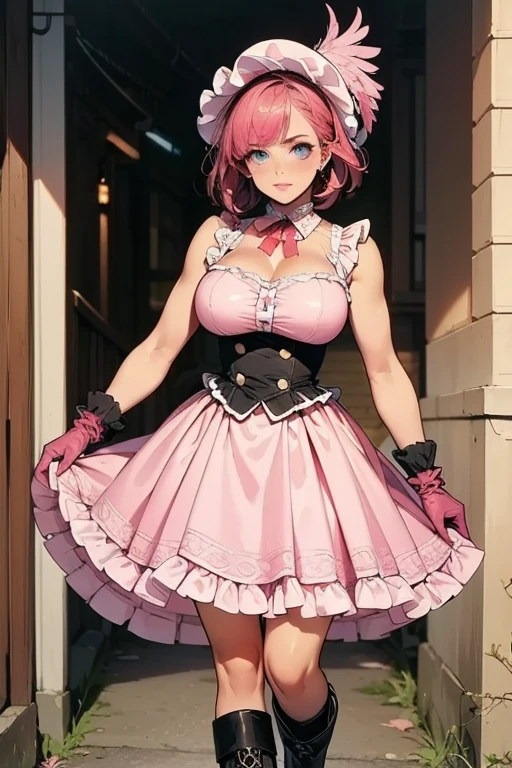 masterpiece, best quality, highly detailed, ultra high res, ayase arisa, kitagawa marin, 1girl, solo, hair ornament, blonde hair, ponytail, glossy lips, full lips, sleeveless idol dress, very puffy skirt, flared skirt, pink thigh highs, white heeled boots, full body, city street, (see-through skirt:1.4), cleavage