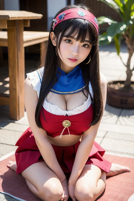 (8K、Raw photography、highest quality、masterpiece:1.2),(black haired、curly hair、ponytail:1.7),show viewer,Looking at the front,erotic,(super sentai series、She is wearing a red Precure costume.:1.6)、(Clothing that emphasizes the shape of your chest:1.3)、(big breasts :1.3)、slim body shape、ultra high resolution,beautiful,beautiful fece,(alone, alone、no background:1.9),whole bodyボディー,、(black eye、japanese woman: 1.3),(Photoreal:1.37)、photon mapping,reality、(Cute with a baby face: 1.3)、(cute smile: 1.7)、(With a round face: 1.8)、radio city、Physically based rendering、depth of field rally background、photograph, (I can see your knees,close up of thighs、blue skirt is too short、spread your legs、showing off white panties:1.3),whole body、super fine
