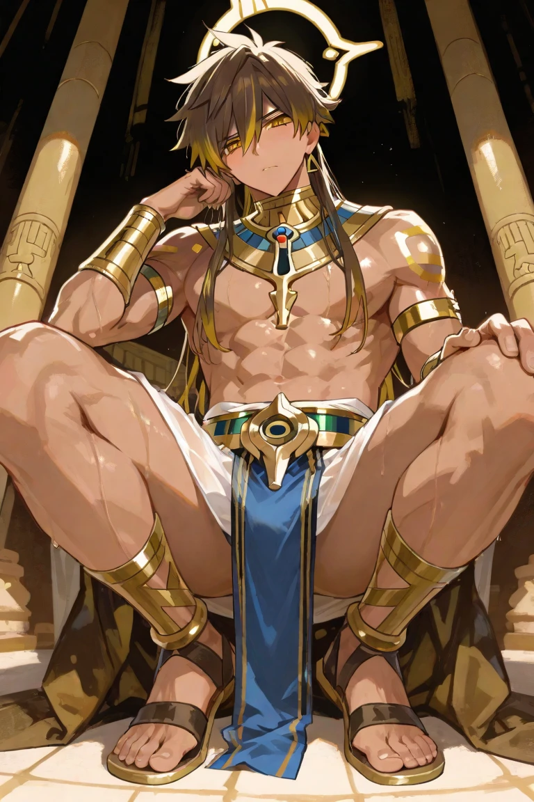 1boy,anklet,arm behind head,armpits,armwear,blonde hair,blue eyes,blush,bracelet,bulge,bulge through clothing,cosplay,costume,crossdressing,egyptian,femboy,feminine male,flat chest,functionally nude,gay,girly,high heels,inviting,inviting to sex,legs apart,legs open,loincloth,looking away,male,male only,nipples,penis,pharaoh,ponytail,presenting,presenting balls,presenting penis,scrotum,shameless,showing off,smooth armpits,smooth chest,smooth skin,solo,solo male,spread legs,spreading,spreading ass,submission,submissive,submissive male,tan skin,tanline,thighs,toned body,toned male,trap,tummy,twink,unembarrassed