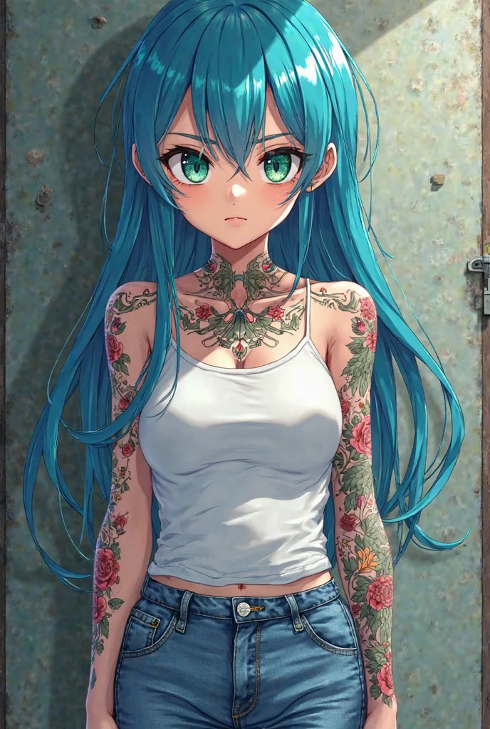 Ultra-high definition 2D art, close-up (1 woman), light blue hair, 2D animation style, soft and delicate depiction, attention also on her full-body tattoos (full-body art), landscape mode, masterpieces by Guweiz and James Jean, tattoo expert designs by CGSCOSITY, etc. A beautiful blue-haired girl who became a hot topic at the trend art station of Japan.