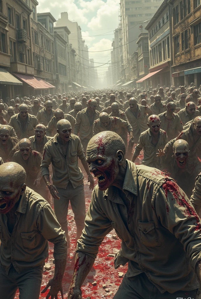 make a picture of a zombie crowd running after surviving people