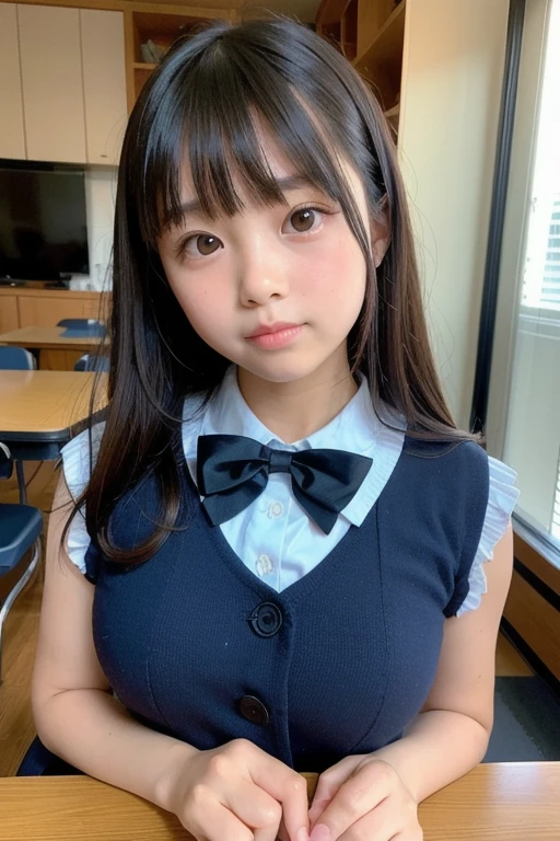 Beautiful elementary school girl holding a skull, adorable Japanese with bangs and plump