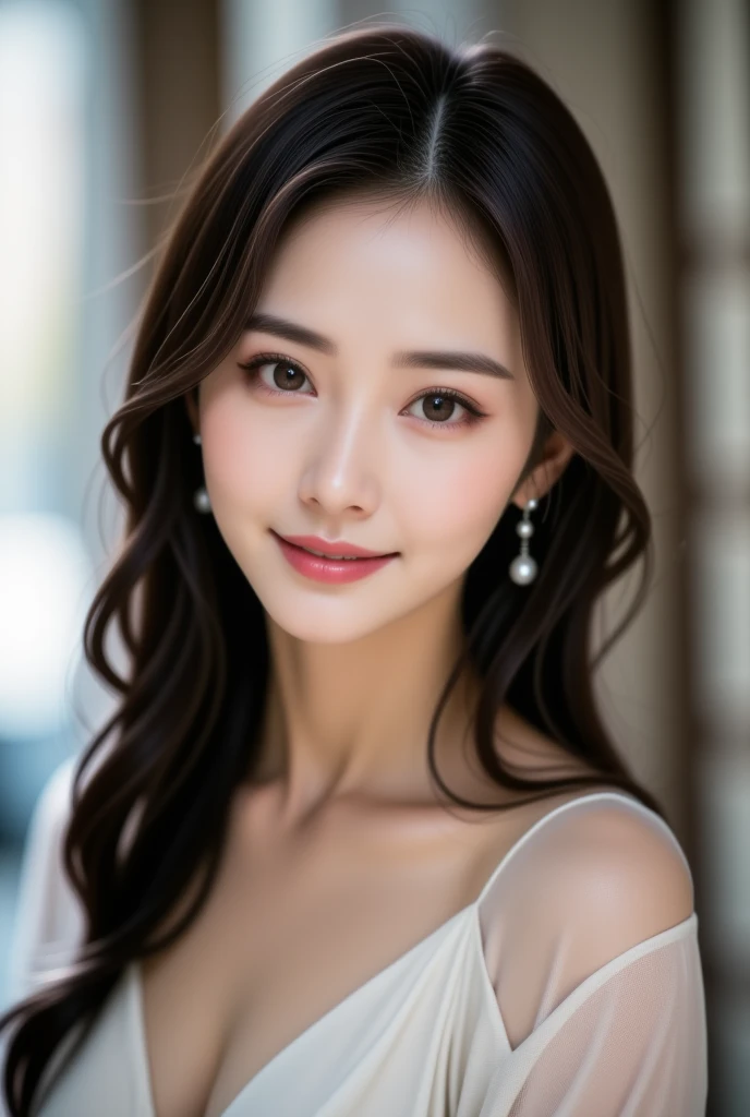 1woman, (Ultra realistic, high res), (highly detailed eyes, highly detailed hair, highly detailed face, highly detailed plump lips), (off shoulder with open breasts), breasts, upper body, caute smile, (best quality:1.4), Raw photo, (realistic, photo-realistic:1.37), professional photography, cinematic light, (fine face: 1.2),