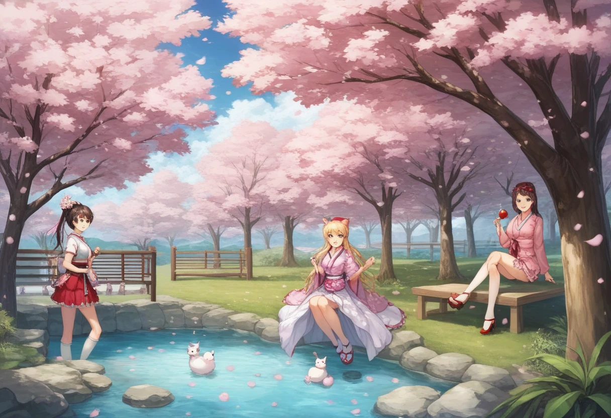 There is a small pond with a bridge and benches in the middle, 背景にcherry blossomsの木, 背景にcherry blossomsの木, cherry blossomsの木々, Beautiful Iwakura, Japanese Countryside,  cherry blossoms, lush cherry blossomsの木々, cherry blossomsの木の下で, cherry blossomsが咲く, sakura season, cherry blossomsの森, moat, 巨大なcherry blossomsの木, cherry blossomsの木