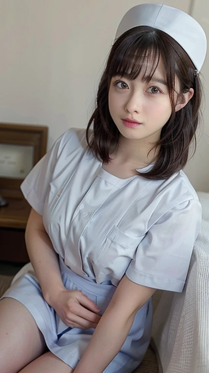 Small face、Nurse uniform、looking at the camera、bottomless、Open your legs、Genitalia showing、、M-shaped legs、Short Hair、sweater