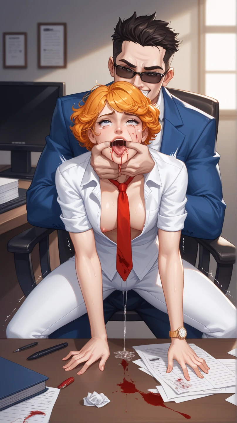(((gang bang,3 boys vagina,Sex)))(woman on top vaginal Sex)(Cum in pussy)open mouth,(1boy blowjob),(( cum in mouth))(hand job) ((bukkake)),((Bare Chest)),house wife,Bukkake,((Wet)),\(Chainsaw Man\), Side Lock, Rolled up my sleeves,, Redhead, tie,, formal, View your viewers, Yellow Eyes, One girl, white shirt, Braidinged Single ponytail, Medium chest, The eyes are round, shirt, Braiding, shirt tucked in, Simple Background, black single tie,collared shirt ((bottomless))