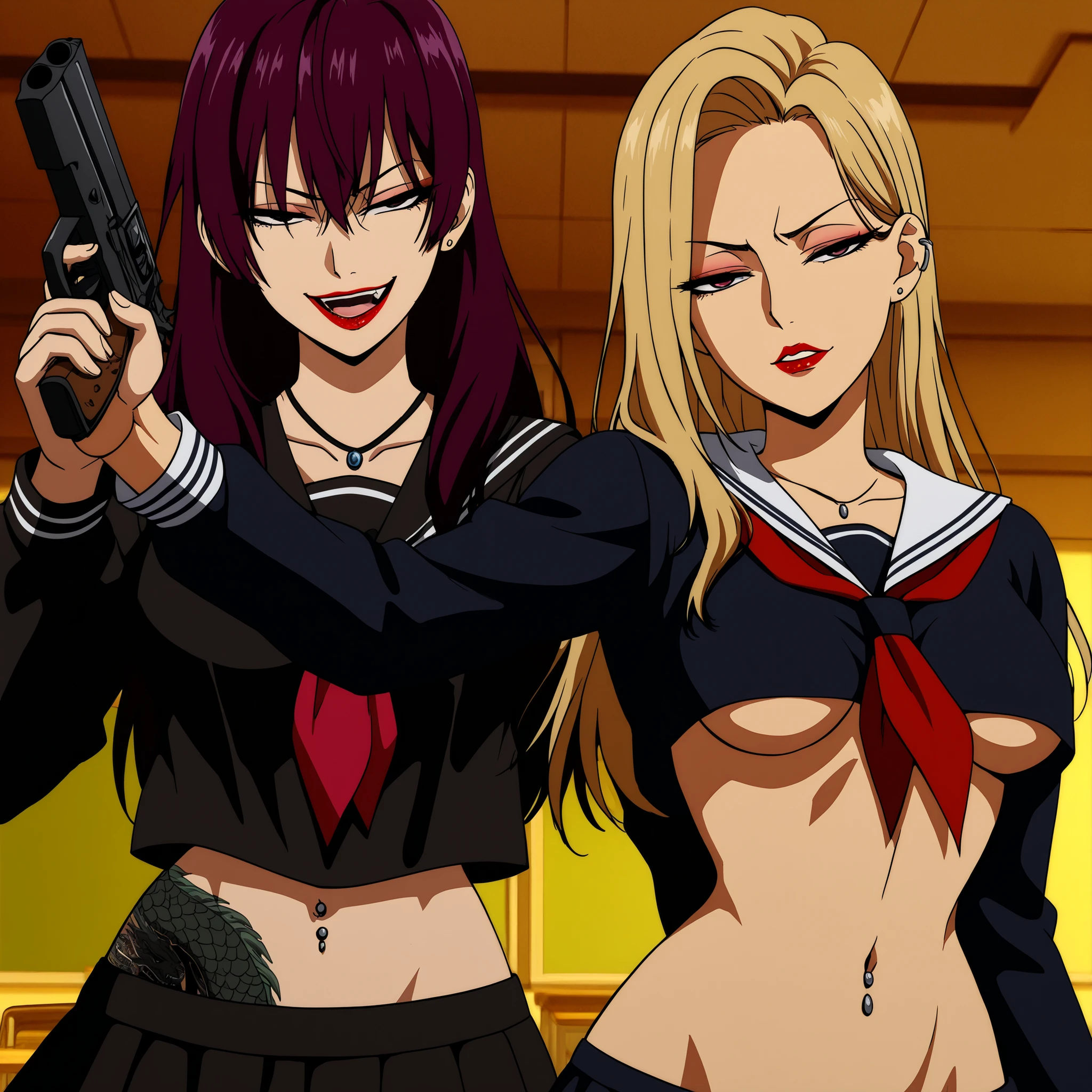 2girl, two girls, open mouth, makeup,
, jewelry, necklace, jewelry, gold trim, black hair, blonde hair, purple hair, red hair,
parted lips, serious, half-closed eyes, ear piercing, long hair, , lipstick, Hot girl, baddie, , sensual, attractive, masterpiece, best quality, highly detailed, a girls in sailor uniforms with a gun posing for a picture, evil smile, smile, open mouth,black_serafuku, (nsfw) not safe for work, ecchi style, high school girls, holding a gun, hold a gun, micro skirt, exposed belly, exposed navel, exposed midriff, holding pistol,underboob, exposed lower belly,school, classroom, navel piercing , dragon tattoo, narrowed eyes, tattoo midriff ,, , smirk, medium breast, anipai_style, anime screencap, anime coloring