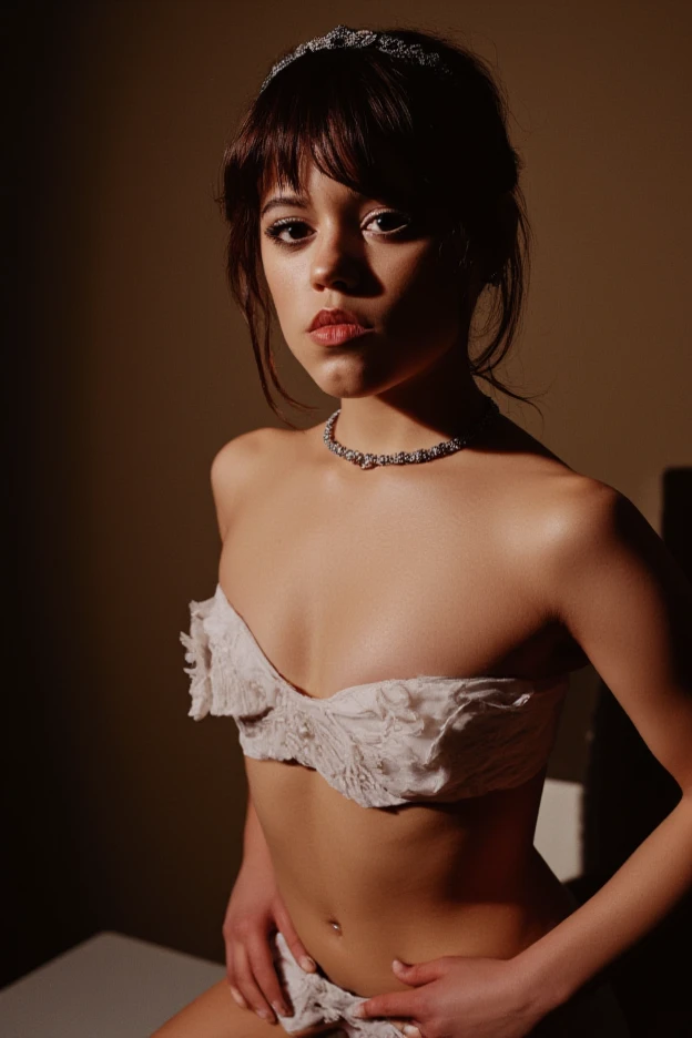Mid-length portrait of Jortega looking at viewer, in a short torn nightie(masterpiece, extremely detailed skin, photorealistic, ombre lourde, Dramatic and cinematic lighting, Key light, fill the light)