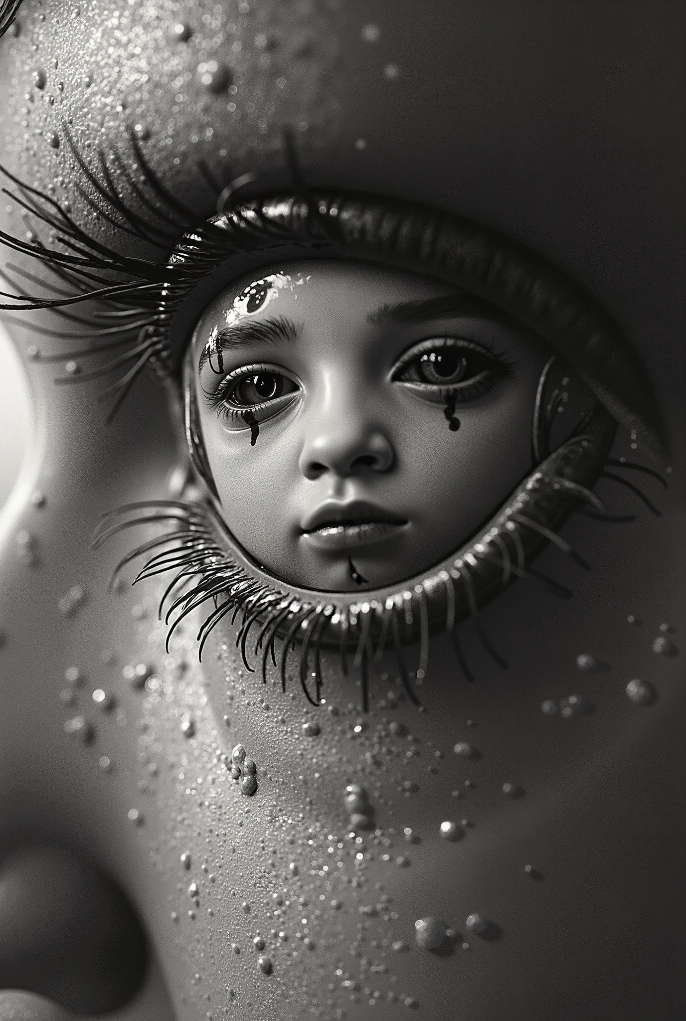 The image is a black and white portrait of a child with a serious and melancholic expression.. The face is dirty and scarred, com olhos grandes e brilhantes que refletem luz, conferindo um aspecto emotivo e intenso. The is facing the camera, conveying a sense of vulnerability and sadness. the background is blurred, highlighting the child's face even more.